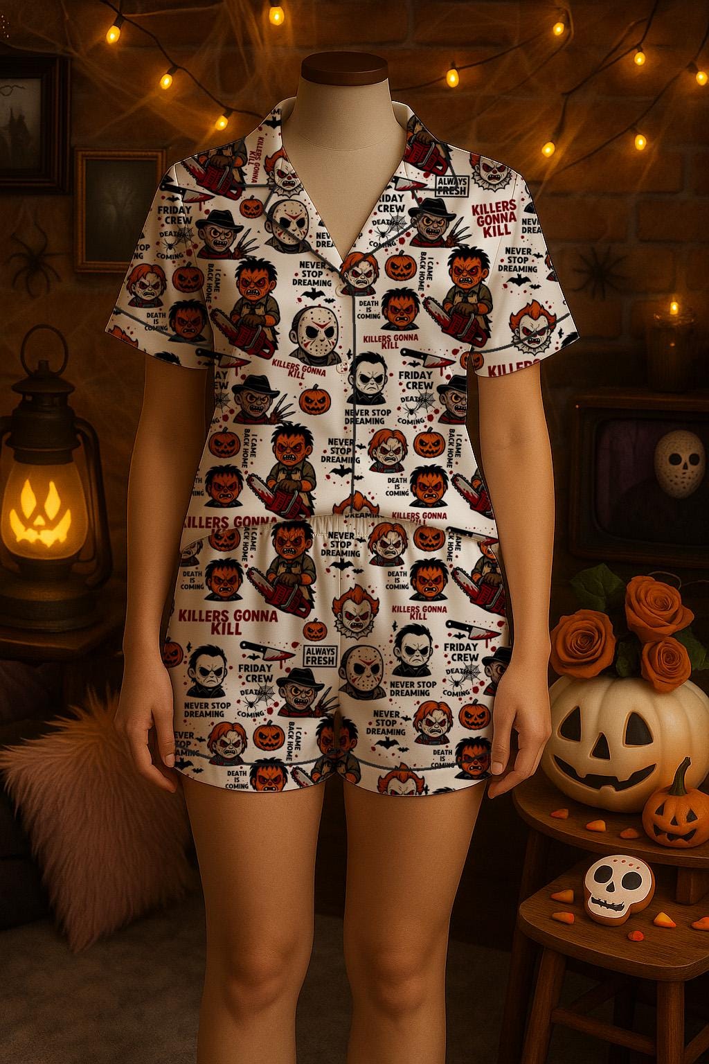 Horror Halloween Character Pajama Set, Halloween Pajama Satin Set, Chibi Horror Pjs, Spooky Season,Scary Movie Sleepwear, Gift For Halloween  Pajamas Set