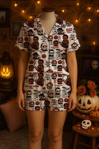 Horror Halloween Character Pajama Set, Halloween Pajama Satin Set, Chibi Horror Pjs, Spooky Season,Scary Movie Sleepwear, Gift For Halloween  Pajamas Set