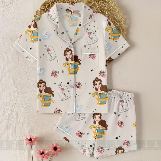 Belle Princess Rose Book Unisex Satin Pajamas Set, Spooky Season Pajamas , Long Sleeve And Short Styles
