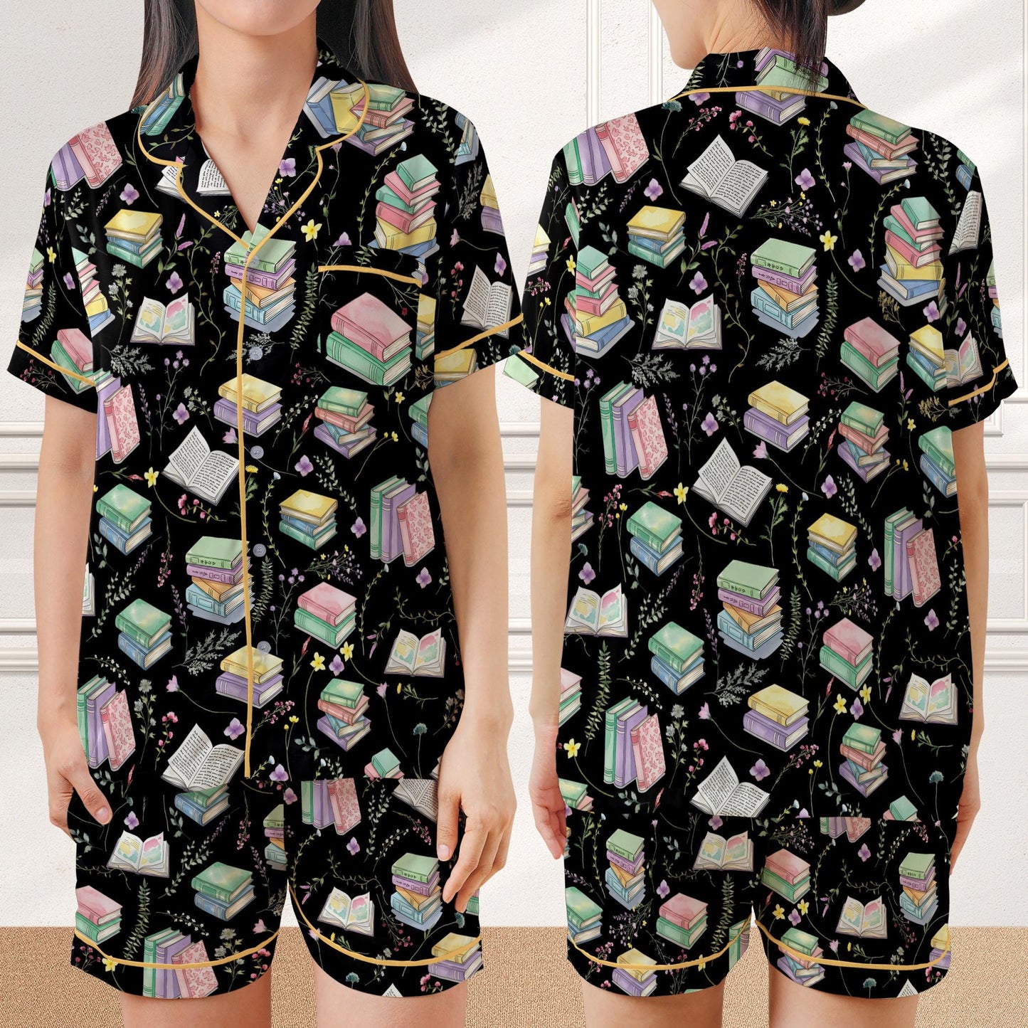 Bookworm Satin Pajamas, Wildflower Bookish Home Wear Pajamas Set, Reading Lover Gift, Book Floral Pajamas Set