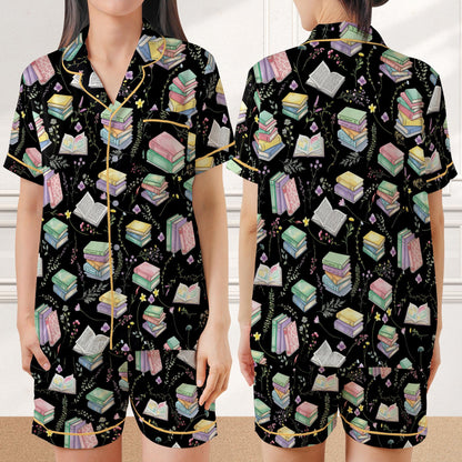 Bookworm Satin Pajamas, Wildflower Bookish Home Wear Pajamas Set, Reading Lover Gift, Book Floral Pajamas Set