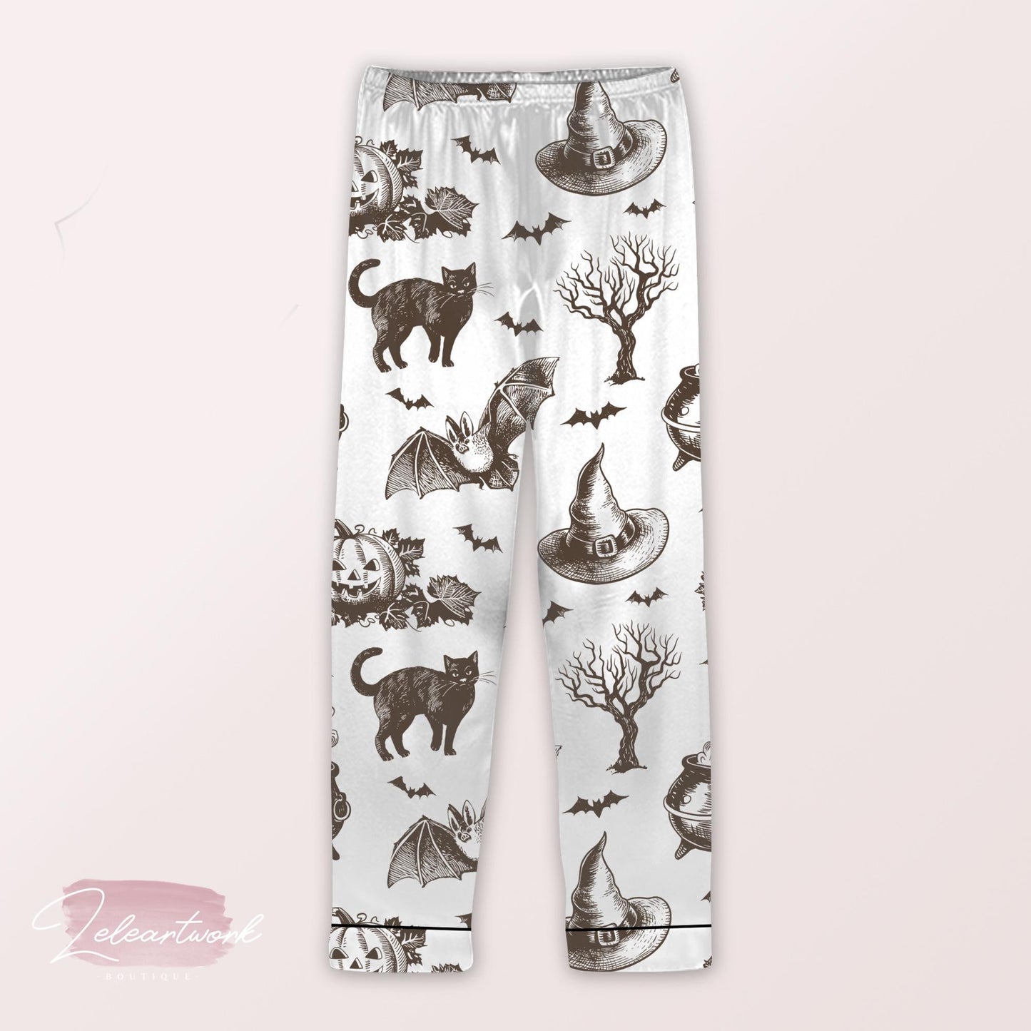 Bewitched Vintage Pajama – Retro Halloween Cat, Cauldron & Pumpkin Print Sleep Set | Spooky Autumn Loungewear for Women