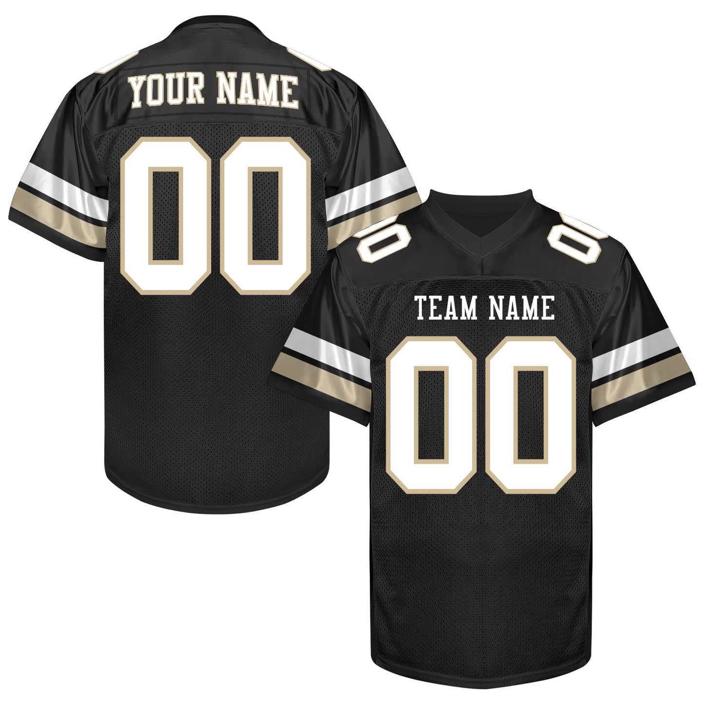 Custom Black Football Jersey Name Number Logo, Black White Gold Football Uniform Men Women Youth Kid, Game Day Sports Jersey Uniforms