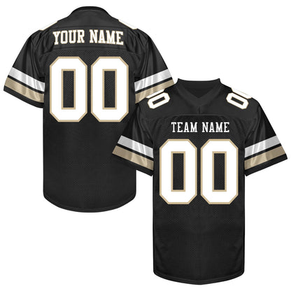 Custom Black Football Jersey Name Number Logo, Black White Gold Football Uniform Men Women Youth Kid, Game Day Sports Jersey Uniforms