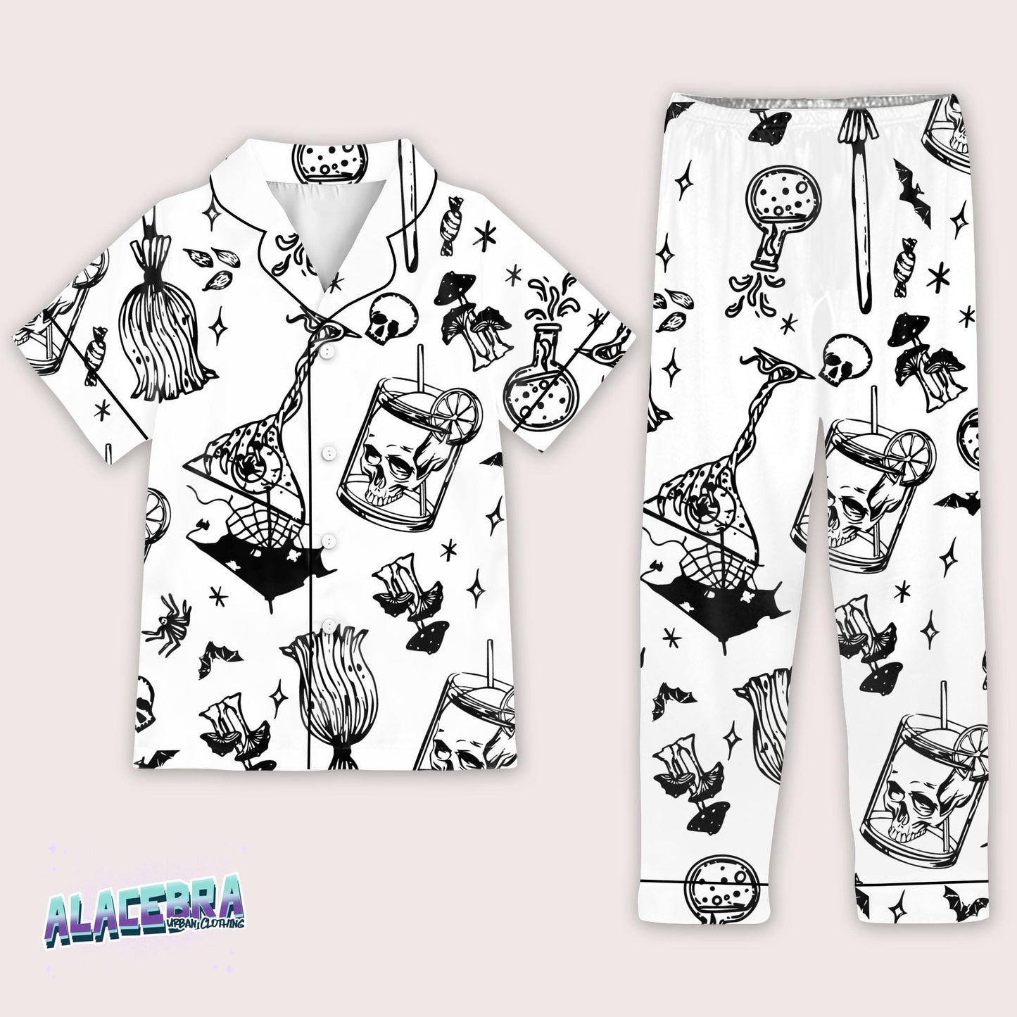 Gothic Halloween Pajama Set – Spooky Skull & Potion Print Sleepwear, Witchy Loungewear, Creepy Cute Matching Shirt and Pants