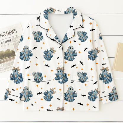 Halloween Blue Ghost Pajamas Set, Halloween Ghost With Bats Sleepwear, Cozy Fall Loungewear, Halloween Pattern Homewear, Halloween Gift