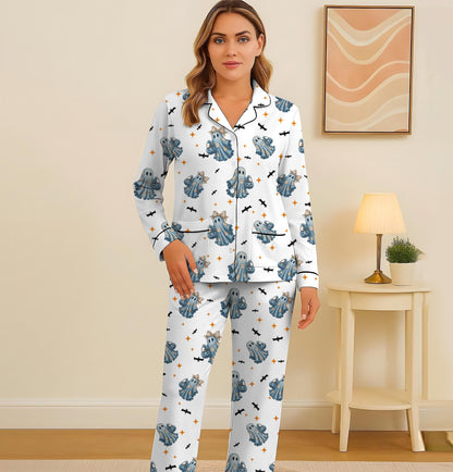 Halloween Blue Ghost Pajamas Set, Halloween Ghost With Bats Sleepwear, Cozy Fall Loungewear, Halloween Pattern Homewear, Halloween Gift