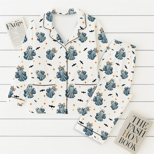 Halloween Blue Ghost Pajamas Set, Halloween Ghost With Bats Sleepwear, Cozy Fall Loungewear, Halloween Pattern Homewear, Halloween Gift
