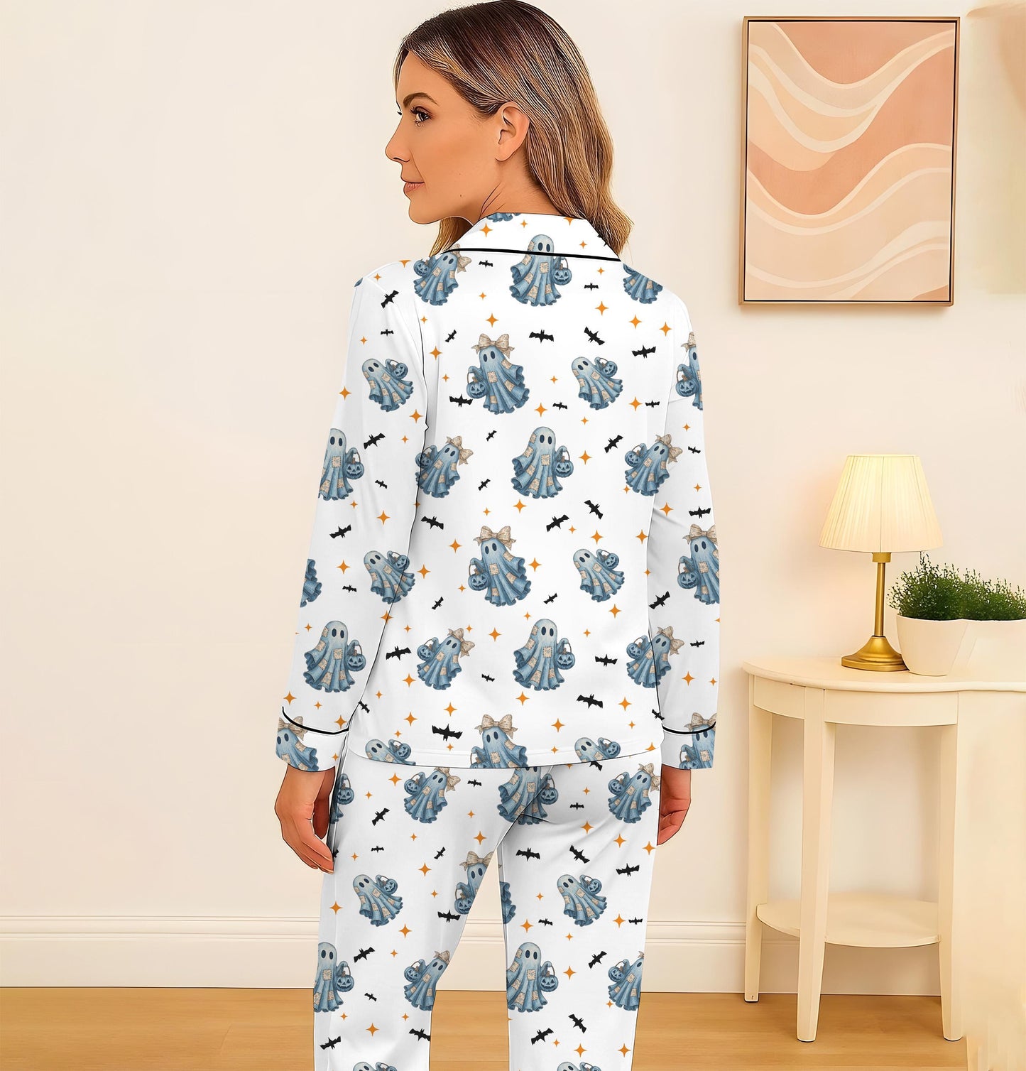 Halloween Blue Ghost Pajamas Set, Halloween Ghost With Bats Sleepwear, Cozy Fall Loungewear, Halloween Pattern Homewear, Halloween Gift