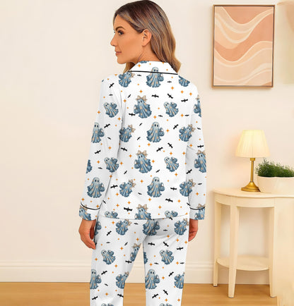 Halloween Blue Ghost Pajamas Set, Halloween Ghost With Bats Sleepwear, Cozy Fall Loungewear, Halloween Pattern Homewear, Halloween Gift