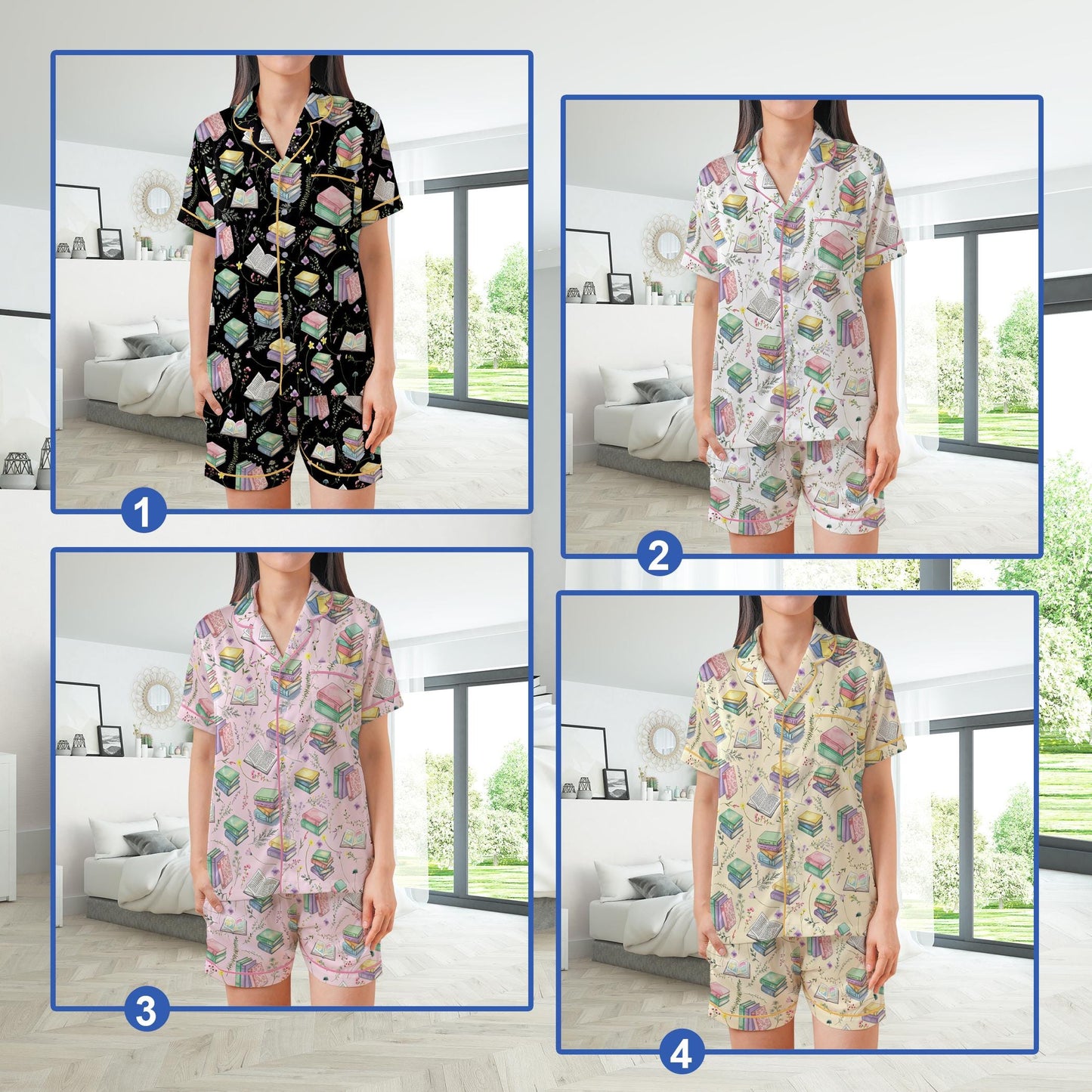 Cute Bookish Satin Pajamas Set, Floral Bookworm Pajama Set, Book Lover Flower Sleepwear, Reading Booktrovert Gift