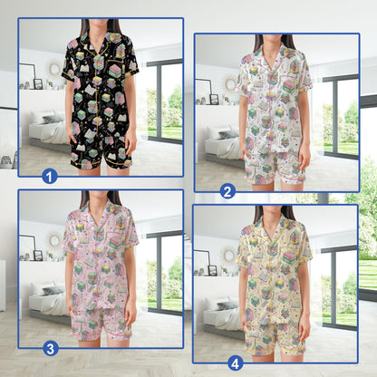 Cute Bookish Satin Pajamas Set, Floral Bookworm Pajama Set, Book Lover Flower Sleepwear, Reading Booktrovert Gift