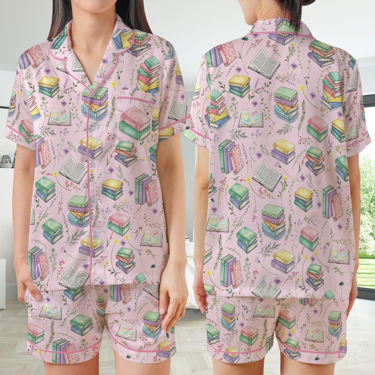 Cute Bookish Satin Pajamas Set, Floral Bookworm Pajama Set, Book Lover Flower Sleepwear, Reading Booktrovert Gift