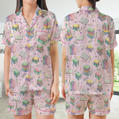 Cute Bookish Satin Pajamas Set, Floral Bookworm Pajama Set, Book Lover Flower Sleepwear, Reading Booktrovert Gift