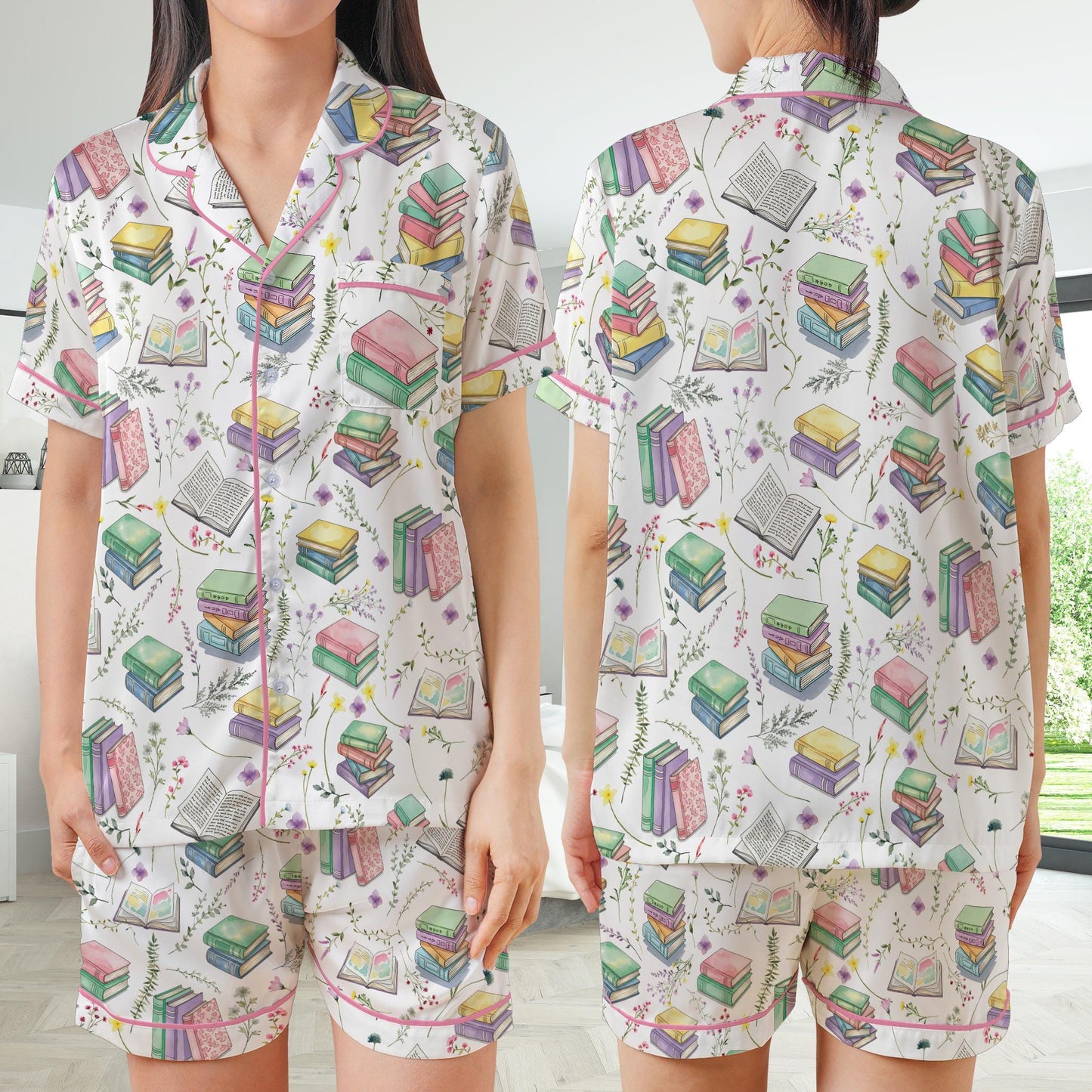 Cute Bookish Satin Pajamas Set, Floral Bookworm Pajama Set, Book Lover Flower Sleepwear, Reading Booktrovert Gift