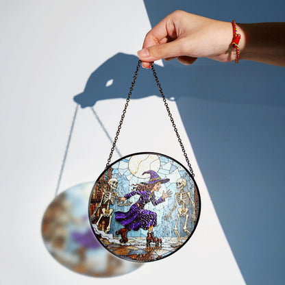 Suncatcher stained glass witch skating with skeletons Halloween gift