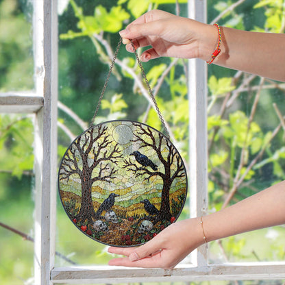 Suncatcher stained glass ravens skulls autumn forest Halloween gift