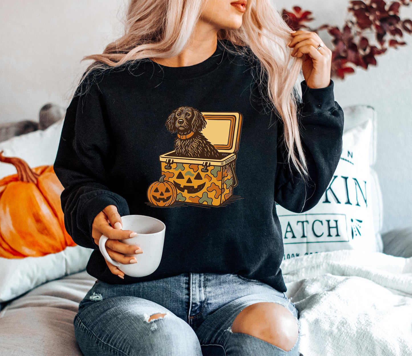 Boykin Spaniel Halloween Sweatshirt, Dog in Camo Cooler with Pumpkin Face, Fall Hunting Dog Shirt, Southern Spooky Halloween Tee