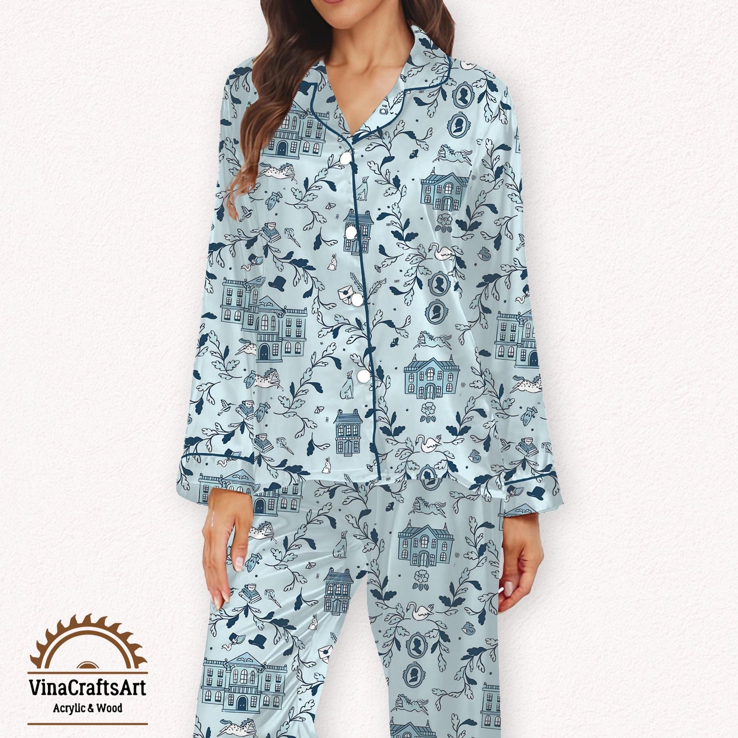 Pride and Prejudice Light Blue Journal Pajamas Set, Jane Austen Toile Print Sleepwear, Toile Print Sleep Set, Literary Loungewear Gift