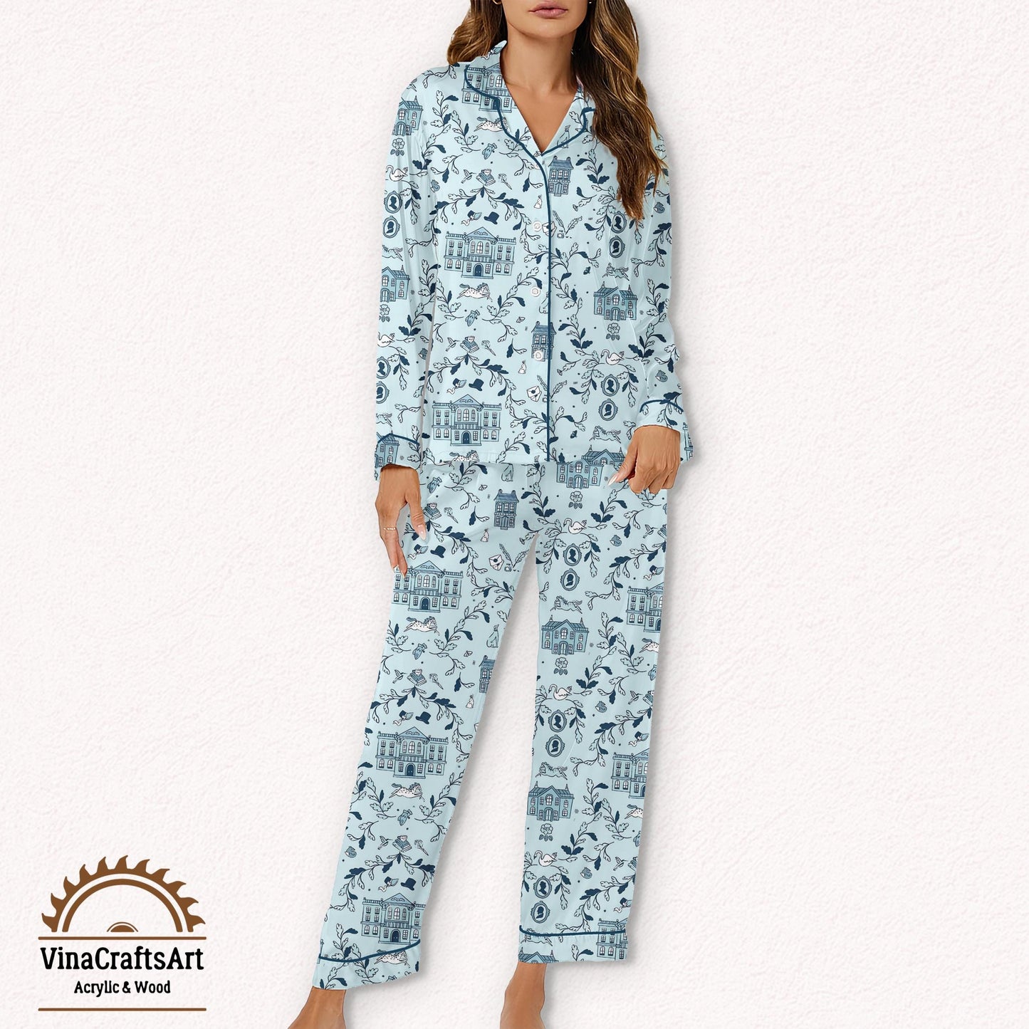 Pride and Prejudice Light Blue Journal Pajamas Set, Jane Austen Toile Print Sleepwear, Toile Print Sleep Set, Literary Loungewear Gift
