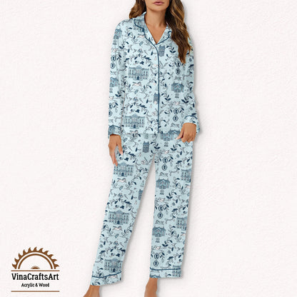 Pride and Prejudice Light Blue Journal Pajamas Set, Jane Austen Toile Print Sleepwear, Toile Print Sleep Set, Literary Loungewear Gift