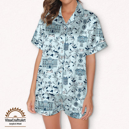 Pride and Prejudice Light Blue Journal Pajamas Set, Jane Austen Toile Print Sleepwear, Toile Print Sleep Set, Literary Loungewear Gift