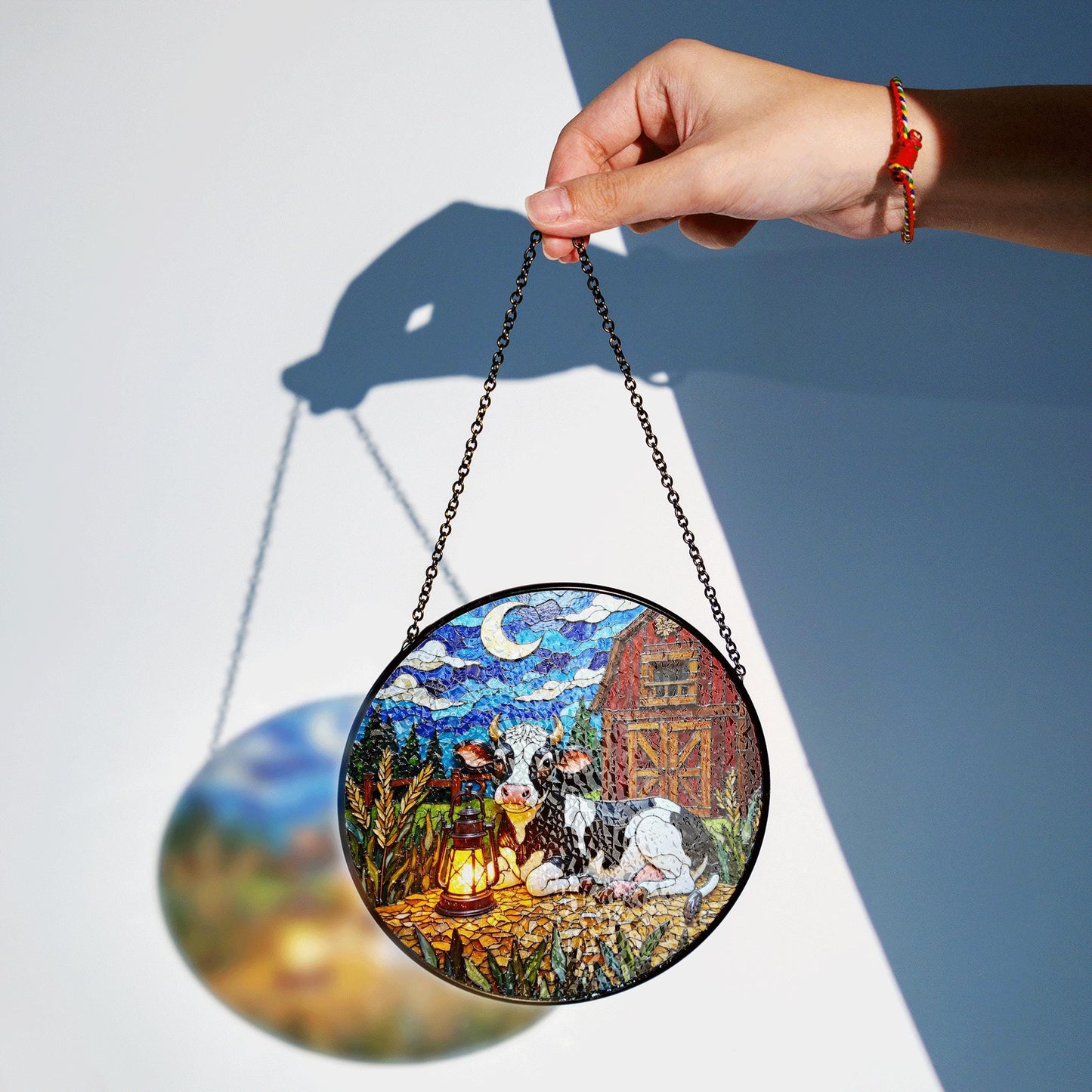 Suncatcher stained glass cow and barn rustic night scene gift for mom farmhouse decor birthday gift