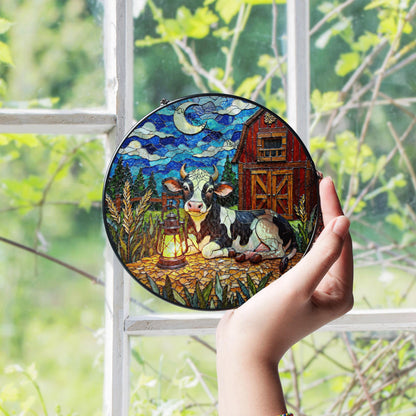 Suncatcher stained glass cow and barn rustic night scene gift for mom farmhouse decor birthday gift