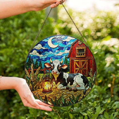 Suncatcher stained glass cow and barn rustic night scene gift for mom farmhouse decor birthday gift