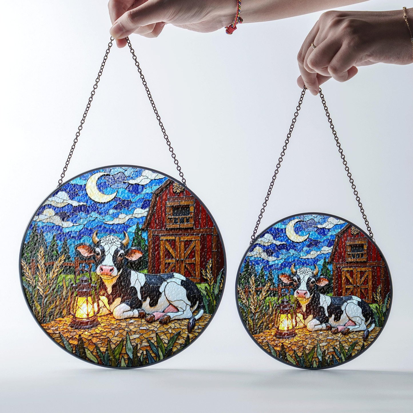 Suncatcher stained glass cow and barn rustic night scene gift for mom farmhouse decor birthday gift