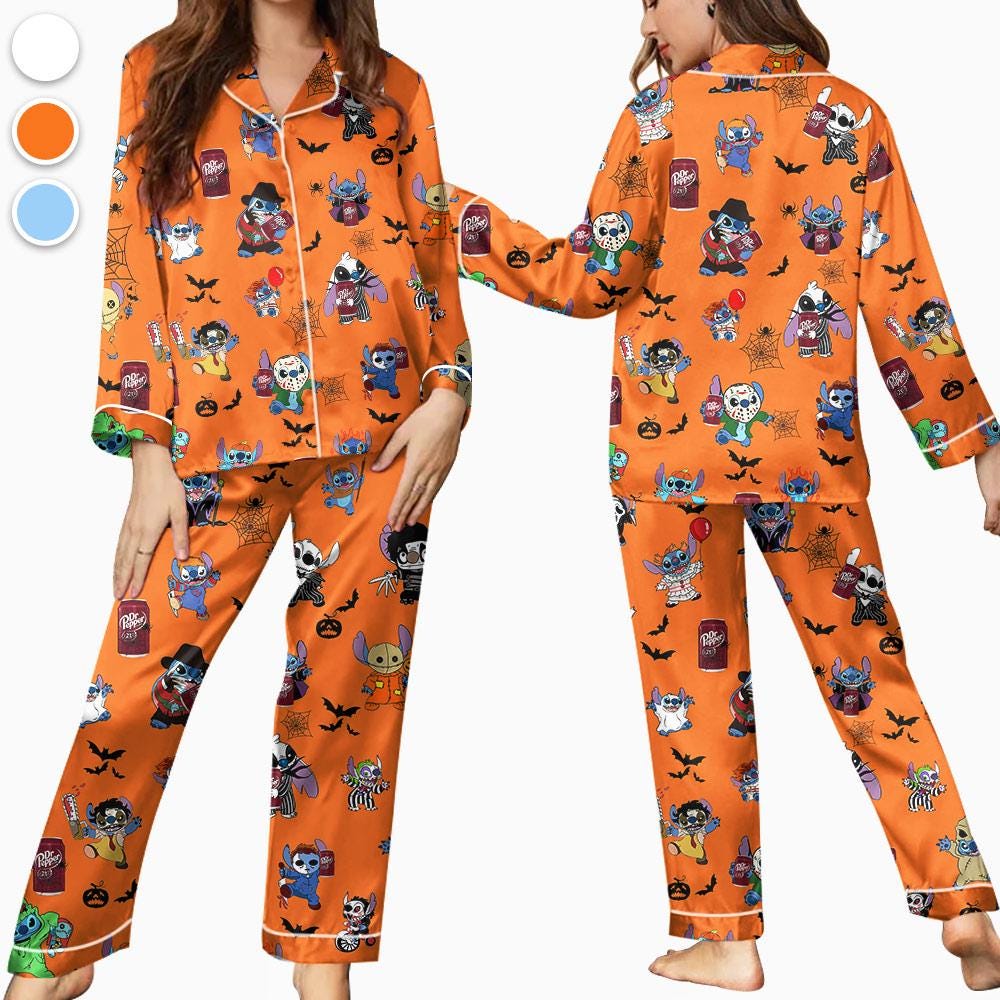 Halloween Dr Pepper Stitch Pajamas Set, Halloween Silk Pajamas, Womenswear, Stitch, Dr Pepper, Halloween outfits, Dr Pepper Halloween Pajama