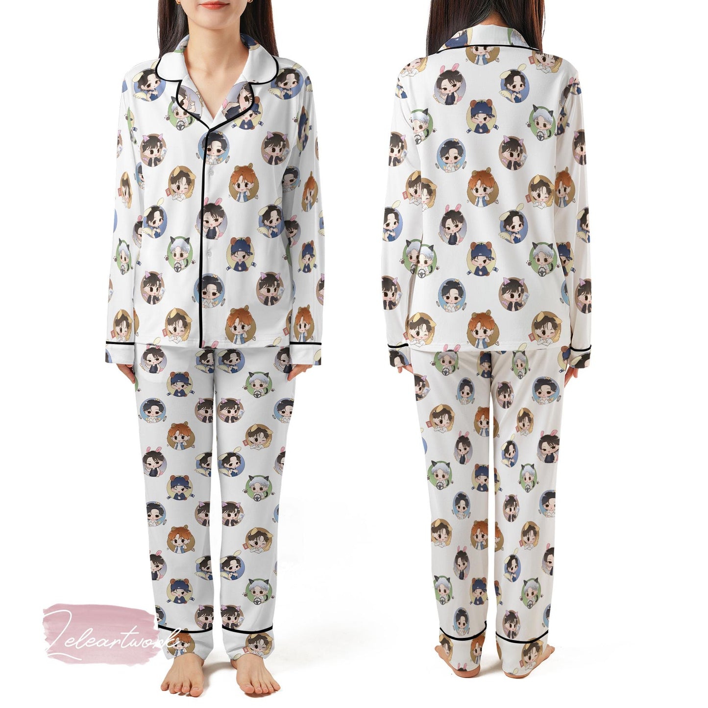 Ateez Chibi Pajama Set – Kpop Short Sleeve Sleepwear Featuring All 8 Members in Cute Outfits, Cozy ATEEZ Fan Gift