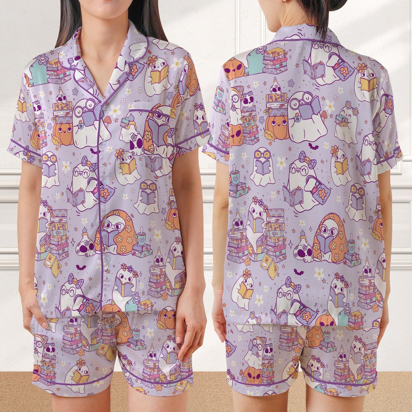 Cute Bookish Ghost Halloween Satin Pajamas, Book Lover, Reading Boo, Ghost Reading Books Halloween Pajamas, Librarian Halloween Sleepwear