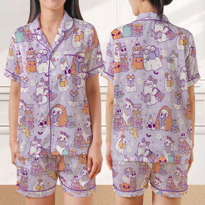 Cute Bookish Ghost Halloween Satin Pajamas, Book Lover, Reading Boo, Ghost Reading Books Halloween Pajamas, Librarian Halloween Sleepwear