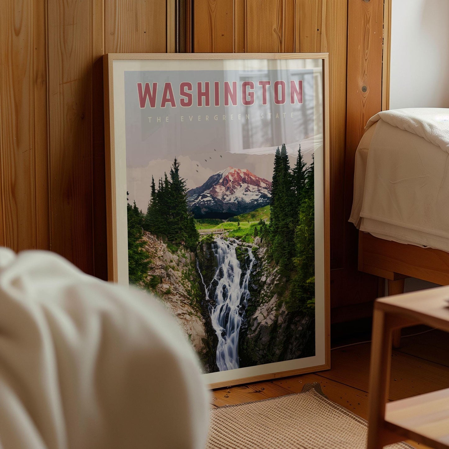 Washington State Wall Art, Washington State Travel Poster, Washington State Print, Washington State Map, Mount Rainier, Washington Gift