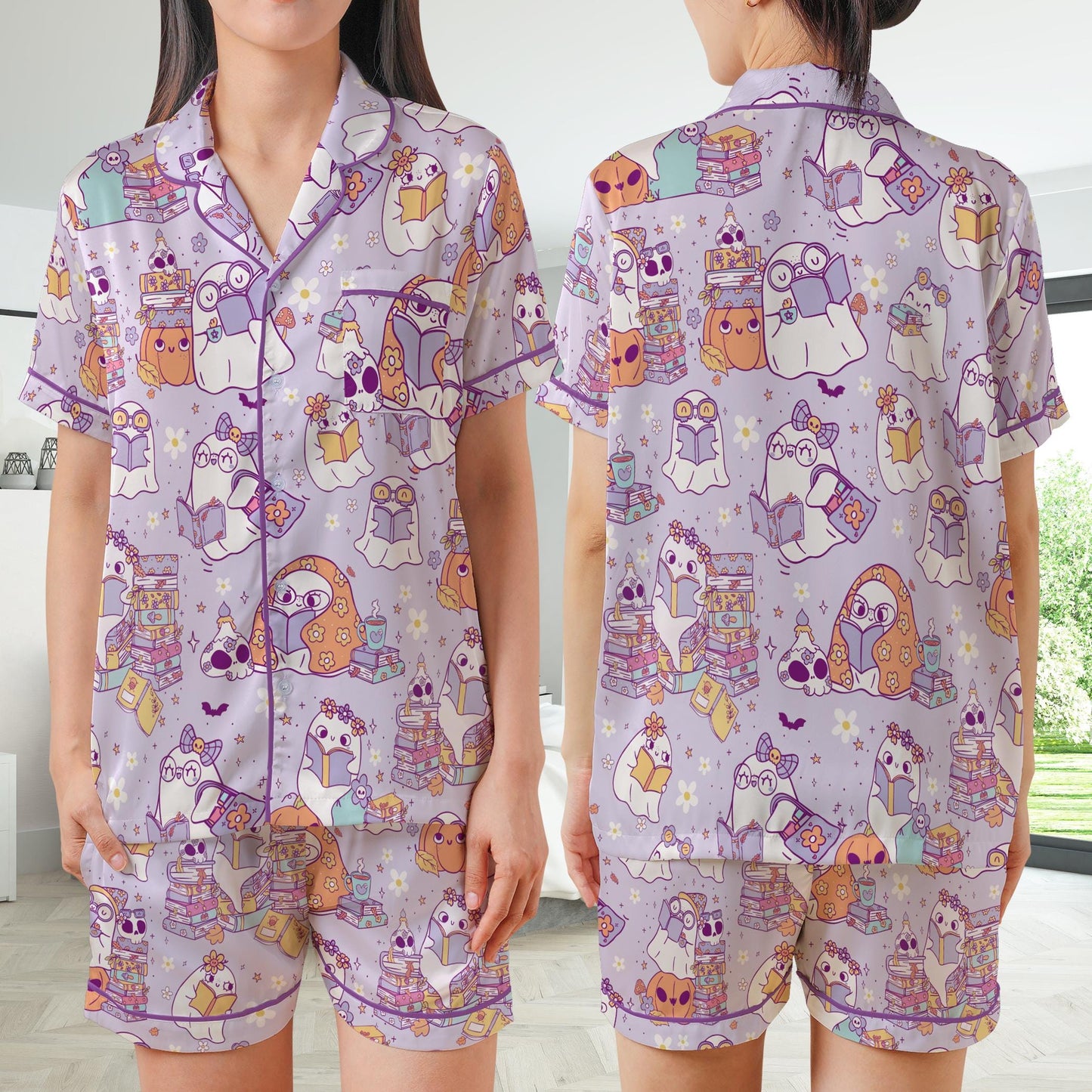 Retro Bookish Halloween Satin Pajamas Set, Cute Boo Reading Short Long Sleeve Pajama Set, Bookworm  Sleepwear, Librarian Halloween Pajamas