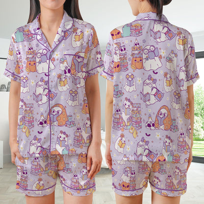 Retro Bookish Halloween Satin Pajamas Set, Cute Boo Reading Short Long Sleeve Pajama Set, Bookworm  Sleepwear, Librarian Halloween Pajamas