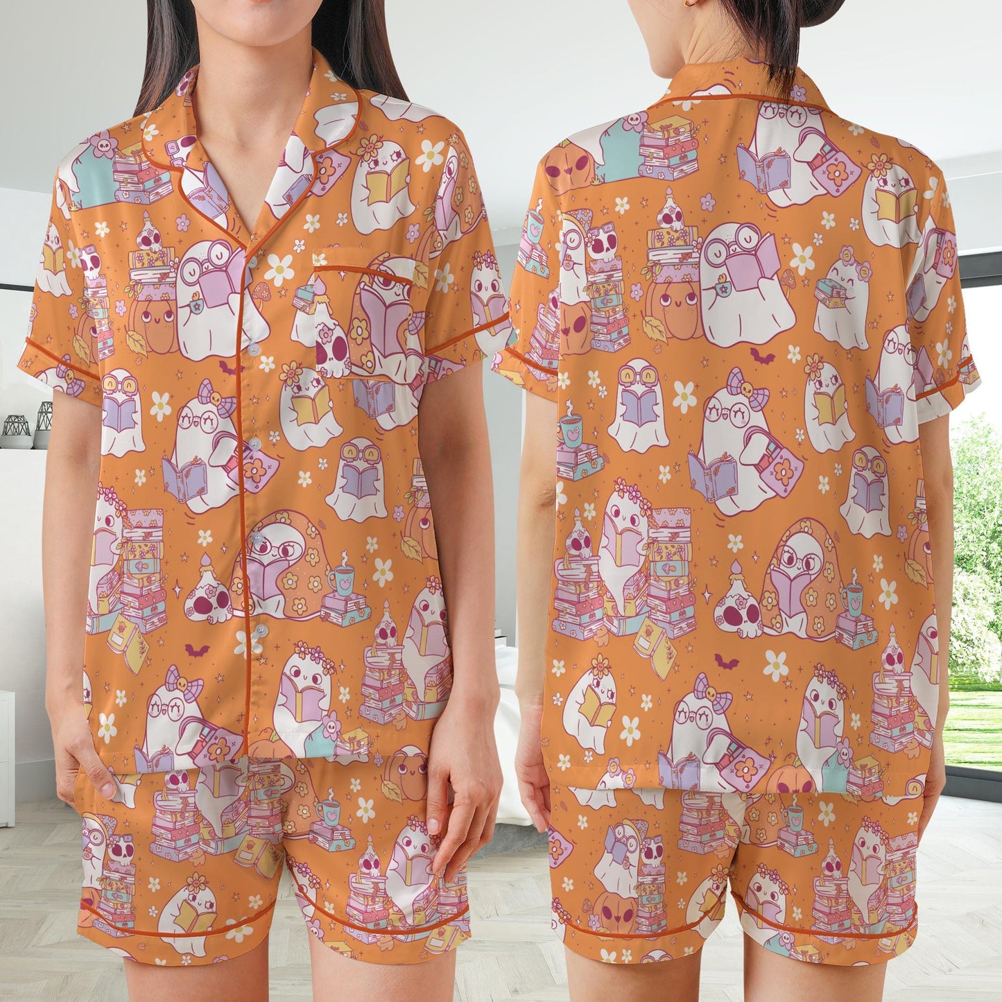 Retro Bookish Halloween Satin Pajamas Set, Cute Boo Reading Short Long Sleeve Pajama Set, Bookworm  Sleepwear, Librarian Halloween Pajamas