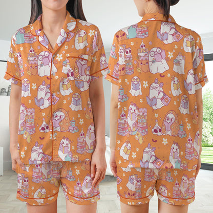 Retro Bookish Halloween Satin Pajamas Set, Cute Boo Reading Short Long Sleeve Pajama Set, Bookworm  Sleepwear, Librarian Halloween Pajamas