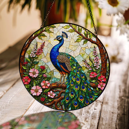 Vibrant peacock floral round stained glass suncatcher window hanging gift for Mother Day or birthday