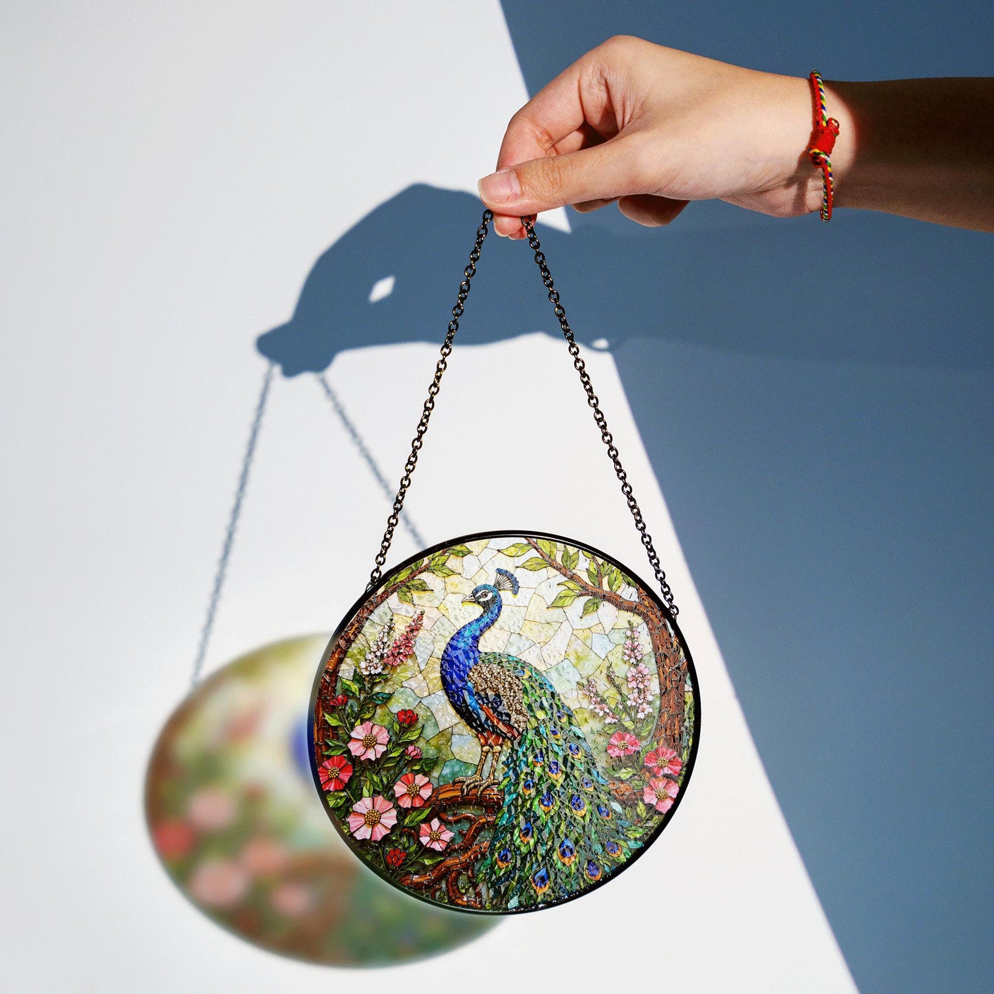 Vibrant peacock floral round stained glass suncatcher window hanging gift for Mother Day or birthday