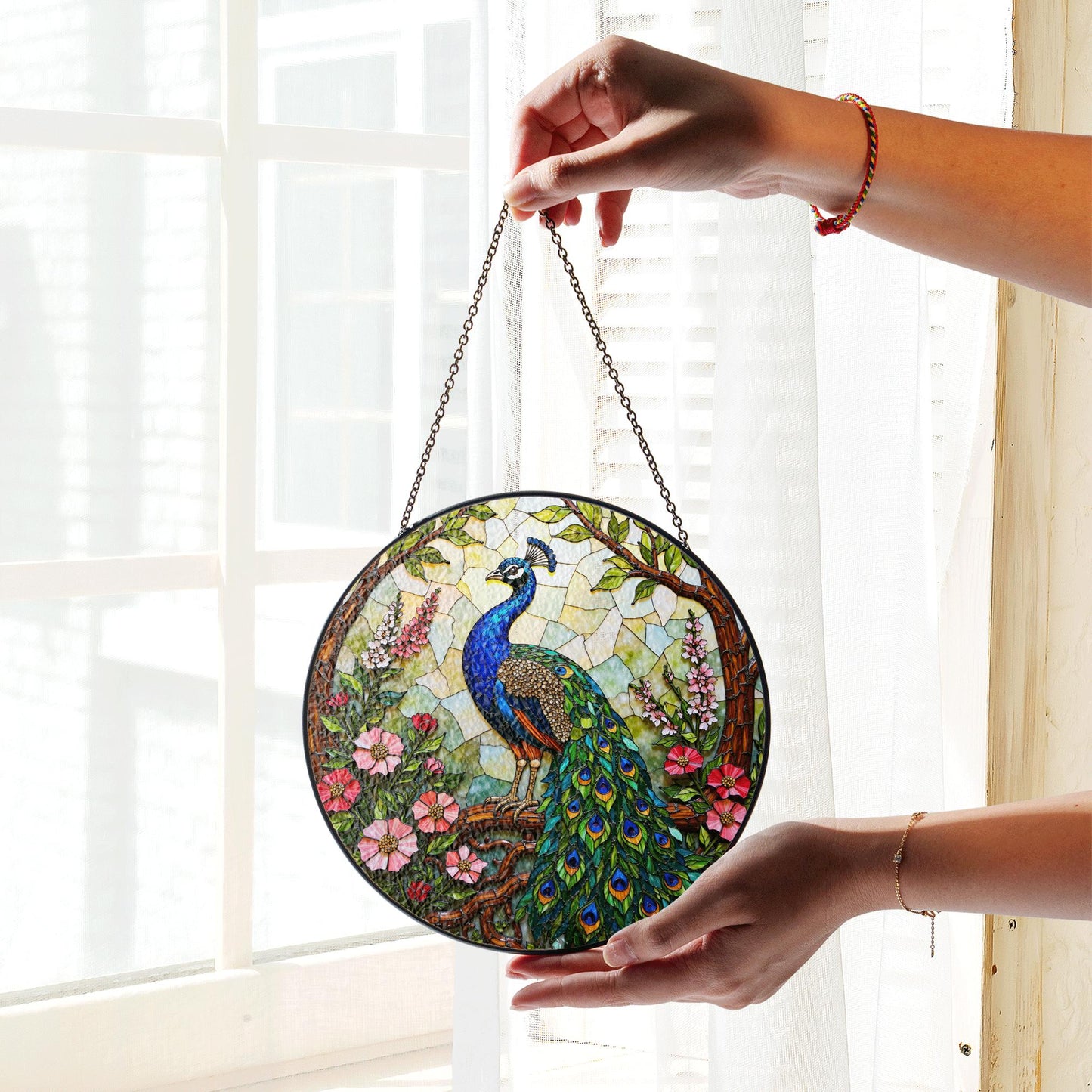 Vibrant peacock floral round stained glass suncatcher window hanging gift for Mother Day or birthday