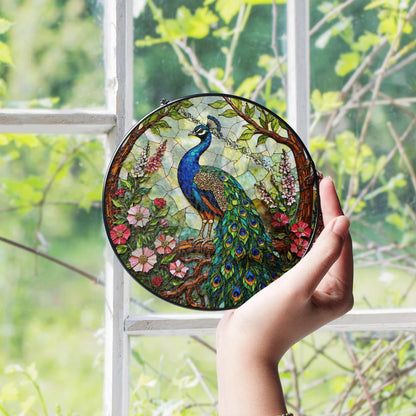 Vibrant peacock floral round stained glass suncatcher window hanging gift for Mother Day or birthday