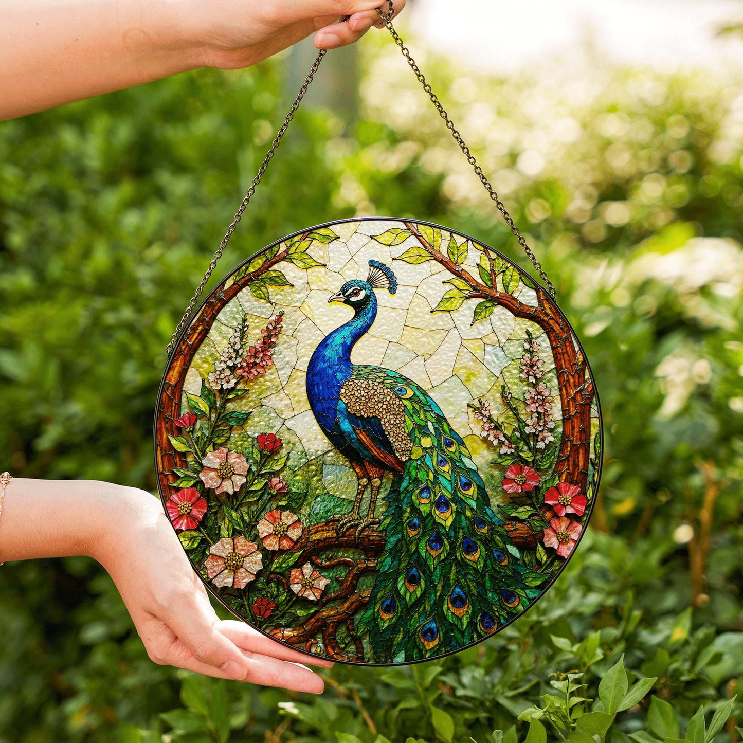 Vibrant peacock floral round stained glass suncatcher window hanging gift for Mother Day or birthday