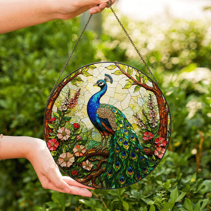 Vibrant peacock floral round stained glass suncatcher window hanging gift for Mother Day or birthday