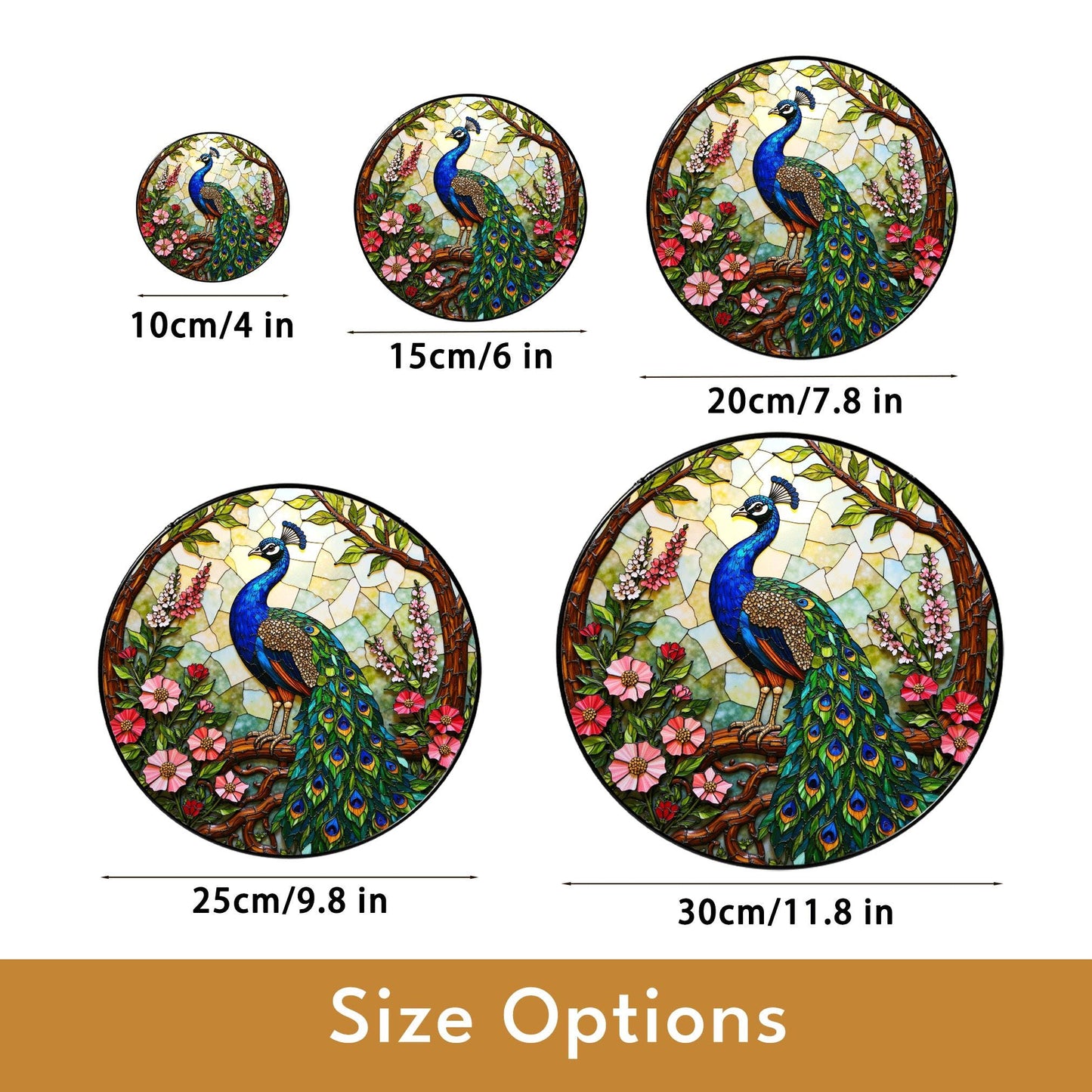 Vibrant peacock floral round stained glass suncatcher window hanging gift for Mother Day or birthday