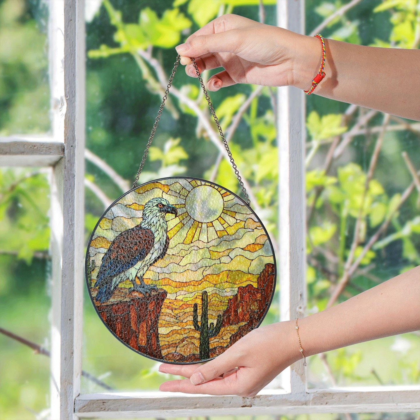 Eagle desert canyon art suncatcher stained glass window decor gift for Independence Day or dad