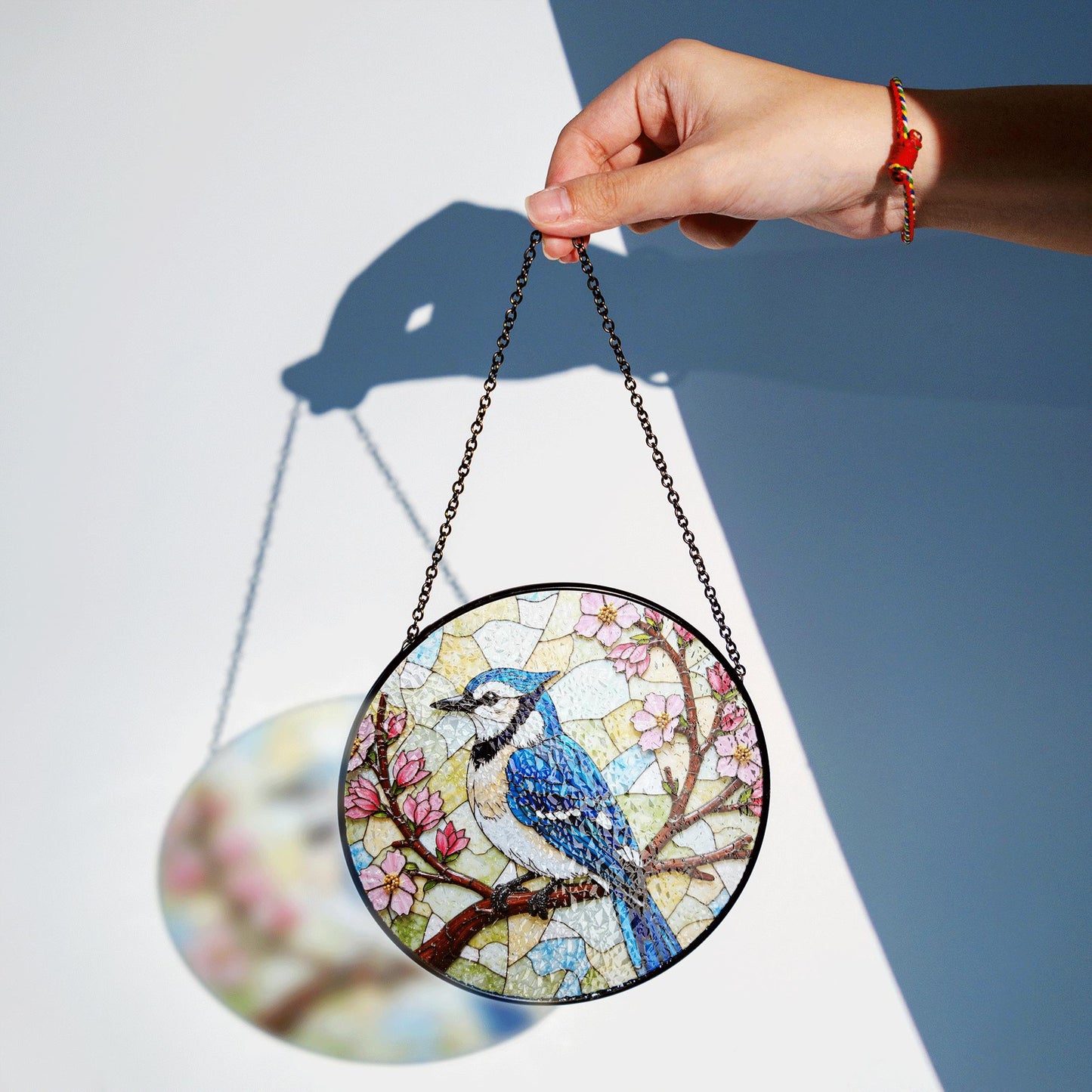 Blue jay on cherry blossom branch round suncatcher stained glass bird decor gift for moms spring window hanging