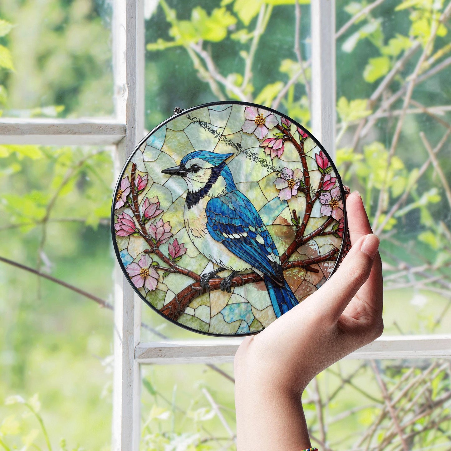 Blue jay on cherry blossom branch round suncatcher stained glass bird decor gift for moms spring window hanging