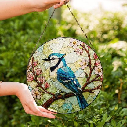 Blue jay on cherry blossom branch round suncatcher stained glass bird decor gift for moms spring window hanging